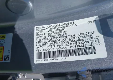 2022 Honda Accord Ex-L из США, поврежденный, VIN 1HGCV1F57NA074736